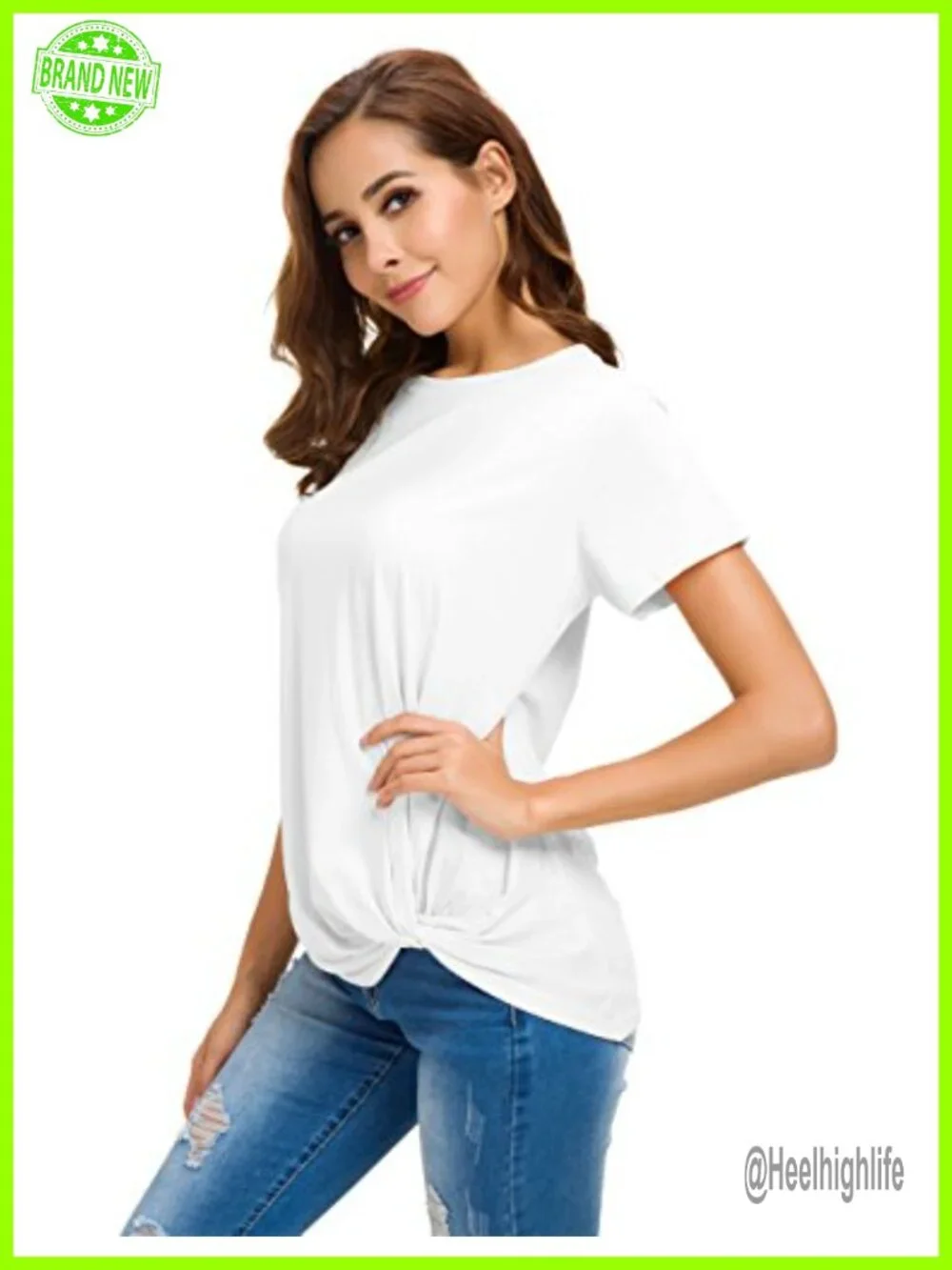 Crew Neck Twist Knot Front Short Sleeve Cotton Blouse